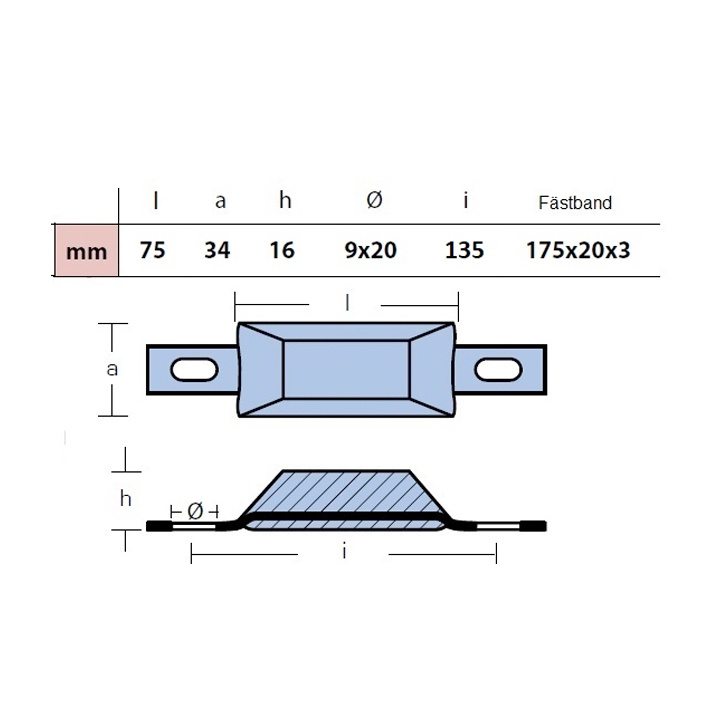 Skrovanod Aluminium Med Fästhål 75x16 mm