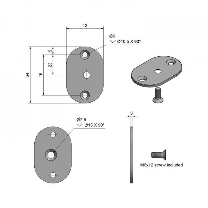 Oval Bricka Med Skruv Till Grabbräcke Svarteloxerad