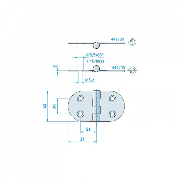 Gångjärn Centrerad Axel 74x40 mm
