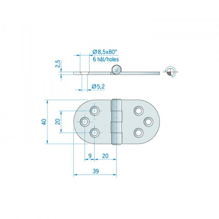 Gångjärn Rostfritt 78x40 mm